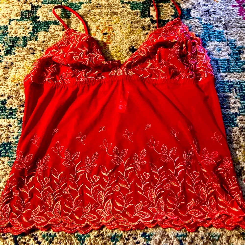 Cacique- Red & Coral sheer embroidered stretch cami size 14/16